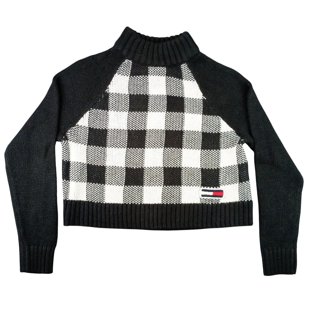 Tommy Jeans Womens M Cropped Mock Neck Sweater Buffalo Plaid Knit Cozy Warm